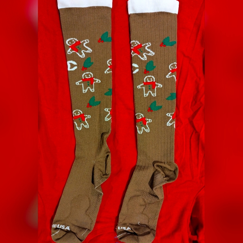 Gingerbread Patterned Brown Compression Socks LG/XL